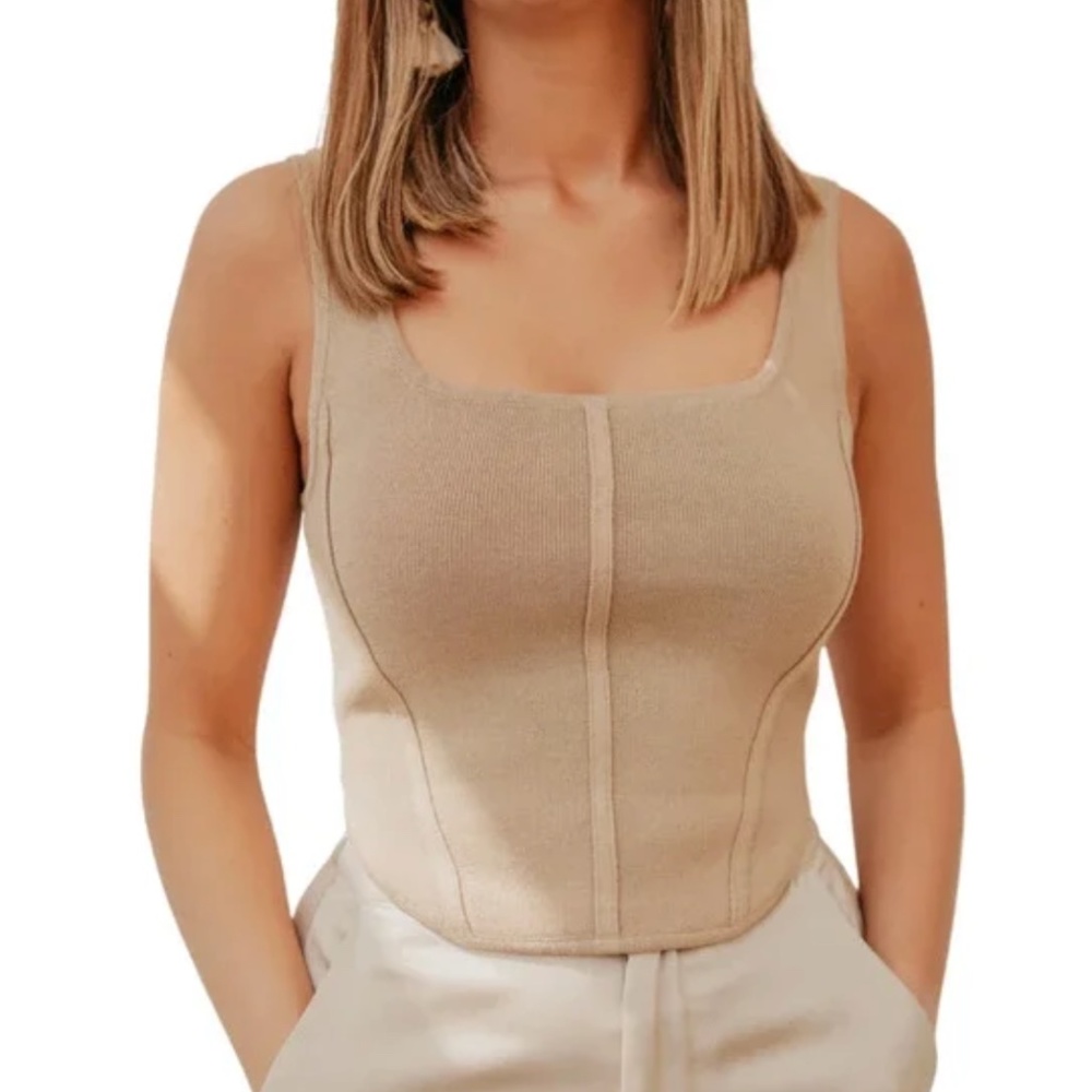 NWT House of Harlow Revolve Sculpt Knit Corset Tank Top Medium Khaki Tan Square